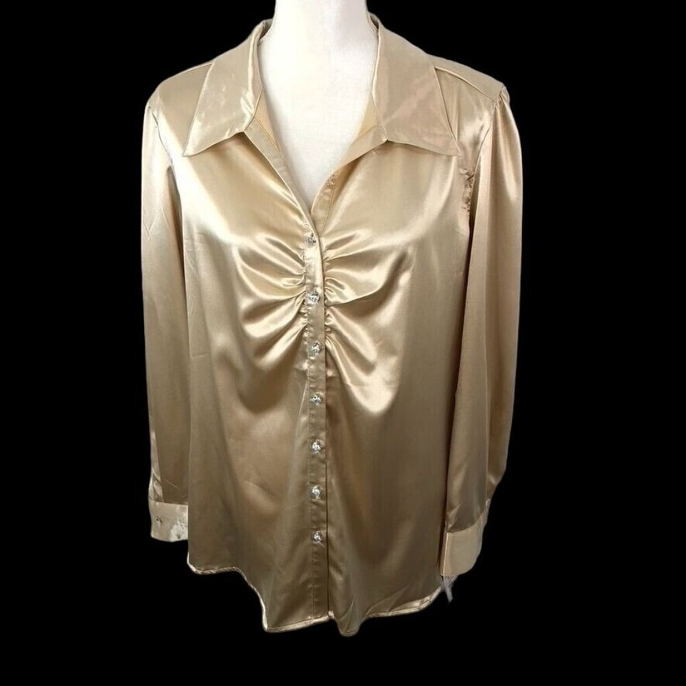 Unique Spectrum XL Satin Button-Up Blouse Ruched Front Faux Diamond Buttons FLAW